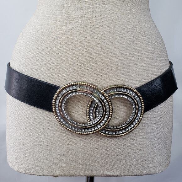 Chico's clear crystal rhinestone oval buckle black belt, S/M, GUC - Picture 1 of 8